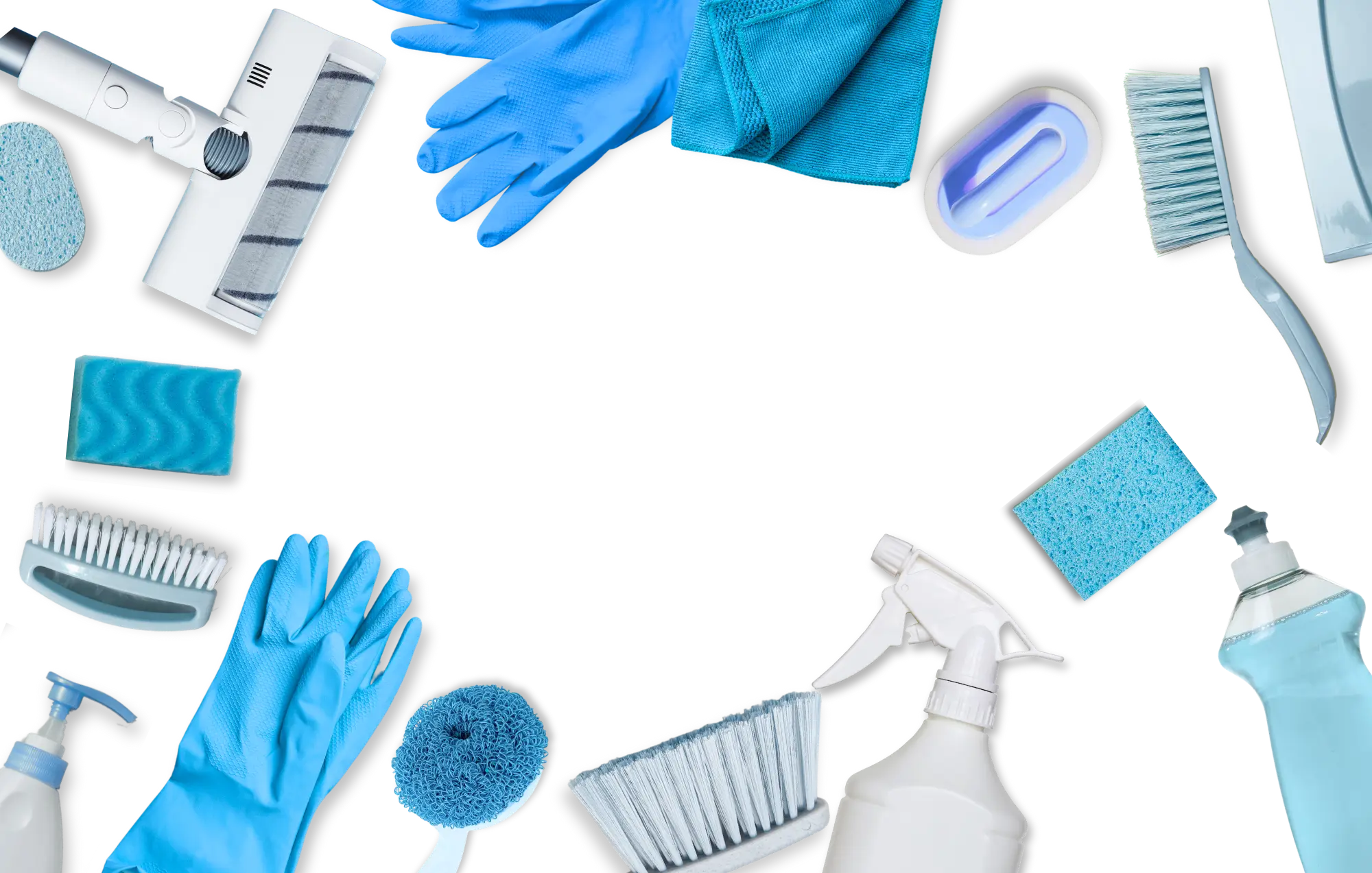 Array of professional cleaning equipment and supplies arranged on a clean background.