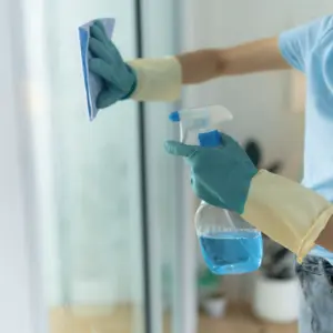 Professional cleaner sprays and wipes down a window, achieving a clear, spotless view.